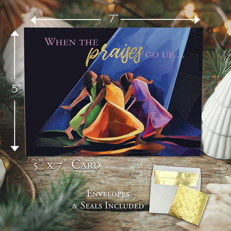 PRAISES GO UP CHRISTMAS CARD - Embossed Christmas Cards Boxed Set - Inspirational Seasonal Designs - Set of 15 (5x7) Cards with Foil-Lined Envelopes & Gold Sticker Seals