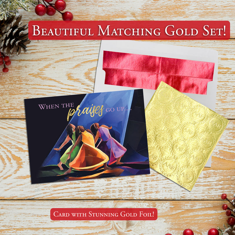 PRAISES GO UP CHRISTMAS CARD - Embossed Christmas Cards Boxed Set - Inspirational Seasonal Designs - Set of 15 (5x7) Cards with Foil-Lined Envelopes & Gold Sticker Seals