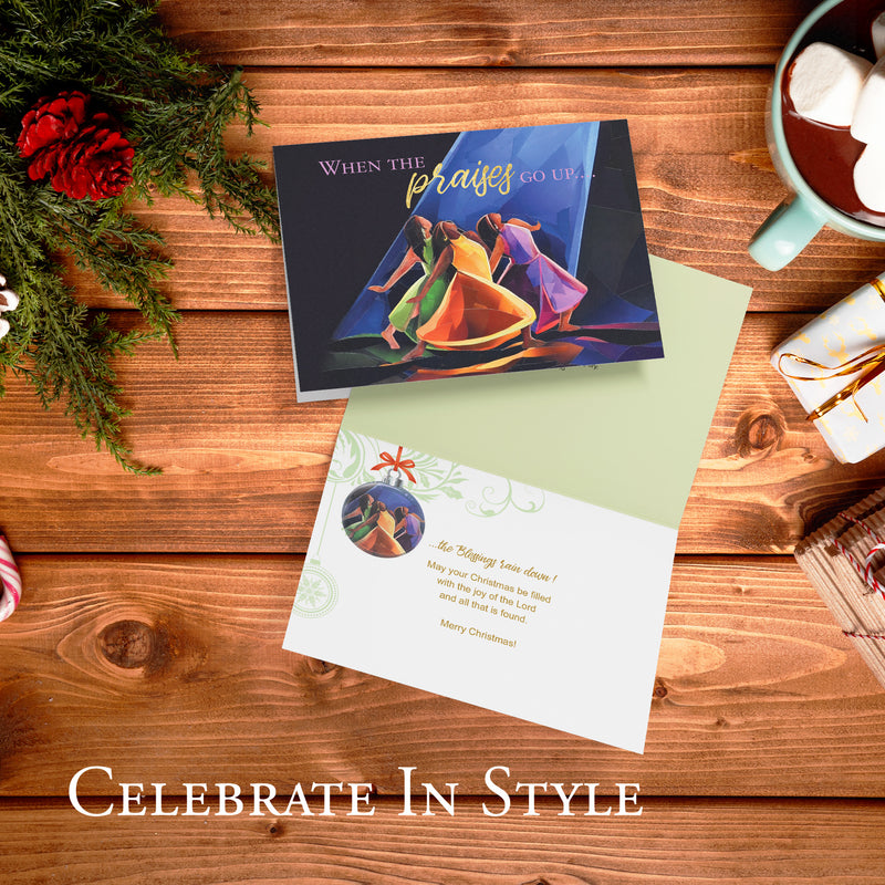 PRAISES GO UP CHRISTMAS CARD - Embossed Christmas Cards Boxed Set - Inspirational Seasonal Designs - Set of 15 (5x7) Cards with Foil-Lined Envelopes & Gold Sticker Seals