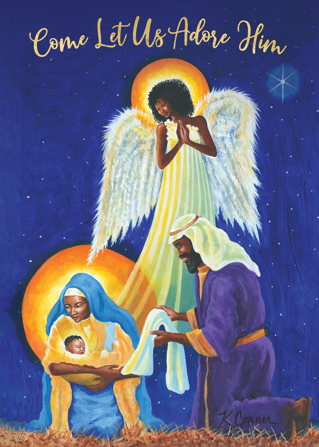 Carte De Noël Avec Scène De La Nativité - Anges Et Bébé Jésus En Couleurs Vives - Format 17.5x12.5cm, Intérieur Vierge - 12
